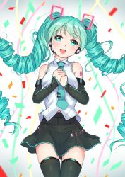 Rule 34 | 1girl, :d, bad id, bad pixiv id, bare shoulders, black skirt, black thighhighs, blush, breasts, collarbone, commentary request, detached sleeves, drill hair, green eyes, green hair, green necktie, hands up, hatsune miku, head tilt, headphones, headset, highres, long hair, long sleeves, medium breasts, necktie, open mouth, own hands together, pleated skirt, round teeth, shirt, skirt, sleeveless, sleeveless shirt, sleeves past wrists, smile, solo, teeth, thighhighs, tie clip, tsukiman, twin drills, twintails, upper teeth only, very long hair, vocaloid, white shirt