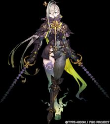 Rule 34 | 1girl, armor, armored boots, assassin of mt liang, asymmetrical clothes, black armor, bodysuit, boots, breastplate, breasts, fate/grand order, fate (series), full body, gauntlets, gradient hair, green hair, grey bodysuit, grey eyes, hair between eyes, hair ornament, hairpin, high collar, highres, huyan zhuo (fate), large breasts, long hair, looking at viewer, multicolored hair, official art, open mouth, pauldrons, shoulder armor, single pantsleg, smile, solo, toridamono, very long hair, water margin, weapon, white hair