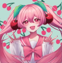 Rule 34 | 1girl, :d, absurdres, alternate color, bad id, bad pixiv id, blush, bow, cherry background, cherry hair ornament, commentary, double w, food-themed hair ornament, hair ornament, hatsune miku, highres, kenouo, long hair, long sleeves, looking at viewer, nail polish, open mouth, pink bow, pink hair, pink sailor collar, red nails, sailor collar, sakura miku, shirt, smile, solo, symbol-only commentary, twintails, upper body, very long hair, vocaloid, w