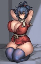 Rule 34 | 1girl, armpits, arms behind head, arms up, bed, black hair, breasts, cleavage, curvy, curvy, frown, grey background, highres, huge breasts, kelvin hiu, long hair, looking at viewer, manyuu chifusa, manyuu hikenchou, orange eyes, ponytail, seiza, short hair, sitting, skindentation, solo, thick thighs, thighs