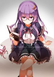 1girl alternate_costume bespectacled black-framed_eyewear book character_name crescent crescent_hair_ornament crossed_legs expressionless female_focus glasses gradient_background hair_ornament hat hide448 highres jitome long_hair patchouli_knowledge purple_eyes purple_hair semi-rimless_eyewear sitting solo touhou under-rim_eyewear