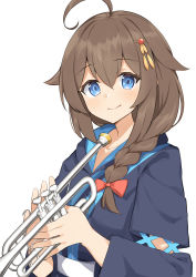 Rule 34 | 1girl, ahoge, blue eyes, blue shirt, braid, brown hair, commentary request, hair flaps, hair ornament, hair over shoulder, highres, holding, holding instrument, instrument, kantai collection, long hair, long sleeves, looking at viewer, official alternate costume, sakikumo (sakumo), shigure (kancolle), shigure kai ni (kancolle), shirt, simple background, smile, solo, trumpet, white background