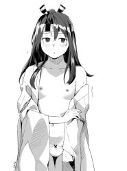 Rule 34 | 1girl, blush, breasts, flying sweatdrops, greyscale, hachimaki, headband, japanese clothes, kantai collection, long hair, long sleeves, makio (makiomeigenbot), monochrome, nipples, open clothes, panties, ponytail, signature, simple background, small breasts, solo, sweat, underwear, wide sleeves, zuihou (kancolle)