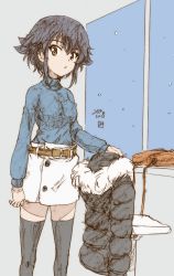 Rule 34 | 1girl, artist name, bad id, bad twitter id, bag, belt, black hair, black thighhighs, blue shirt, braid, brown belt, brown eyes, casual, coat, colored pencil (medium), commentary, dated, erakin, girls und panzer, handbag, highres, holding, holding clothes, holding coat, long sleeves, looking at viewer, miniskirt, parted lips, pepperoni (girls und panzer), shirt, short hair, side braid, signature, sketch, skirt, solo, standing, stool, thighhighs, traditional media, turtleneck, white skirt
