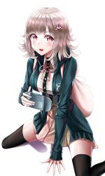 Rule 34 | 1girl, absurdres, animal bag, backpack, bag, beige skirt, black thighhighs, blush, breasts, brown hair, cat bag, commentary request, danganronpa (series), danganronpa 2: goodbye despair, flipped hair, hair ornament, hairclip, handheld game console, highres, hood, hooded jacket, hoodie, jacket, large breasts, looking at viewer, nanami chiaki, open mouth, pink eyes, pink ribbon, pleated skirt, revision, ribbon, school uniform, shirt, short hair, simple background, sitting, skirt, smile, solo, sora (men0105), thighhighs, wariza, white background, zettai ryouiki