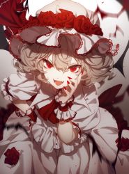 Rule 34 | 1girl, bad id, bad pixiv id, bat wings, dress, fangs, flower, highres, looking at viewer, nail polish, no-kan, open mouth, puffy short sleeves, puffy sleeves, red eyes, red flower, red rose, remilia scarlet, rose, short hair, short sleeves, silver hair, solo, touhou, white dress, wings, wrist cuffs