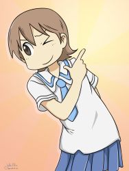 Rule 34 | &gt; o, 1girl, absurdres, aioi yuuko, arm behind back, artist name, brown eyes, brown hair, closed mouth, cowboy shot, hand on back, highres, julie7770, looking to the side, nichijou, one eye closed, pointing, school uniform, short hair, signature, smile, solo, tokisadame school uniform