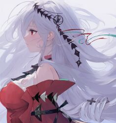 Rule 34 | 1girl, absurdres, ahoge, aqa, arknights, arm strap, ascot, black ascot, breasts, closed mouth, commentary, detached sleeves, dress, expressionless, eyelashes, floating hair, from side, grey background, hair ornament, highres, large breasts, lips, long hair, profile, red dress, red eyes, simple background, skadi (arknights), skadi the corrupting heart (arknights), solo, upper body