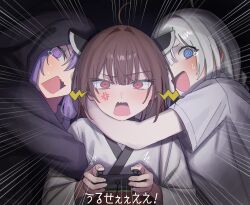 Rule 34 | 3girls, @ @, absurdres, ahoge, alternate costume, anger vein, angry, arm around neck, black background, black hoodie, blue eyes, blush, brown hair, commentary request, controller, emphasis lines, game controller, hair intakes, hands up, headgear, highres, holding, holding controller, holding game controller, hood, hood up, hoodie, hug, japanese clothes, kimono, kizuna akari, long hair, looking at viewer, medium hair, multiple girls, nervous smile, obi, open mouth, playing games, purple eyes, purple hair, red eyes, sash, scared, shirt, short sleeves, shout lines, shouting, sidelocks, smile, straight-on, subtitled, sweat, t-shirt, tearing up, touhoku kiritan, translation request, upper body, v-shaped eyebrows, vang 09, vocaloid, voiceroid, white hair, white kimono, white shirt, yuzuki yukari