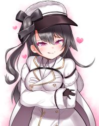 Rule 34 | 1girl, :q, arms under breasts, azur lane, black gloves, black hair, blush, breast hold, breasts, cape, closed mouth, coat, collared shirt, dress shirt, flat cap, fur-trimmed sleeves, fur trim, gloves, hair between eyes, hat, heart, highres, kirisame mia, large breasts, layered sleeves, long hair, long sleeves, looking at viewer, one side up, pamiat merkuria (azur lane), purple eyes, shirt, short over long sleeves, short sleeves, sleeves past wrists, smile, solo, tongue, tongue out, white cape, white coat, white hat, white shirt