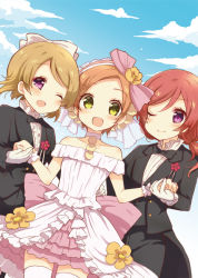 Rule 34 | 10s, 3girls, :d, ;), ;d, bare shoulders, blush, boutonniere, bow, bowtie, brown hair, choker, cloud, day, dress, formal, girl sandwich, gloves, green eyes, hair bow, holding hands, hoshizora rin, koizumi hanayo, looking at viewer, love live!, love live! school idol project, love wing bell, multiple girls, nishikino maki, one eye closed, open mouth, orange hair, purple eyes, red hair, sandwiched, shiroi hakuto, short hair, sky, smile, suit, traditional bowtie, white gloves