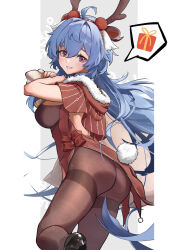 Rule 34 | 1girl, absurdres, ahoge, antlers, ass, backless outfit, bag, black pantyhose, blue hair, breasts, christmas, deer antlers, fake antlers, fake tail, from side, ganyu (genshin impact), genshin impact, gift, hair ornament, high heels, highres, holding, holding bag, horns, k/o (user thvt7788), long hair, looking at viewer, medium breasts, pantyhose, purple eyes, santa costume, sidelocks, smile, solo, tail, thighband pantyhose, thighs