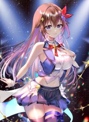 Rule 34 | 1girl, absurdres, blue eyes, blue panties, blue thighhighs, blue vest, blush, breasts, brown hair, cropped shirt, cropped vest, diamond hair ornament, hair flaps, hair ornament, hair ribbon, hairclip, highres, hololive, idol, large breasts, leg ribbon, long hair, looking at viewer, navel, panties, red ribbon, ribbon, shirt, skirt, sleeveless, sleeveless shirt, smile, solo, sowon, star (symbol), star hair ornament, thigh ribbon, thighhighs, tokino sora, tokino sora (1st costume), underwear, vest, virtual youtuber, white shirt, wrist cuffs