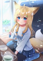 Rule 34 | 1girl, animal ear fluff, animal ears, blonde hair, blue eyes, blue skirt, blush, breasts, cup, cushion, day, fox ears, fox tail, hair ornament, hairclip, highres, holding, holding cup, long hair, long sleeves, looking at viewer, michiru donut, original, shirt, sitting, skirt, small breasts, smile, solo, sparkle, tail, teacup, teapot, watermark, white shirt, window, wooden floor
