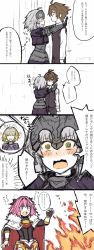 Rule 34 | 2boys, 2girls, 4koma, :3, ahoge, armor, armored dress, astolfo (fate), black pants, black ribbon, blonde hair, blush, brown hair, cape, capelet, chain, cloak, closed eyes, comic, commentary, embarrassed, face-to-face, fate/apocrypha, fate/grand order, fate (series), fire, from side, full-face blush, gauntlets, hair ornament, hair ribbon, headpiece, highres, jeanne d&#039;arc (fate), jeanne d&#039;arc (ruler) (fate), jeanne d&#039;arc alter (avenger) (fate), jeanne d&#039;arc alter (fate), kabedon, long sleeves, looking at another, multicolored hair, multiple boys, multiple girls, multiple monochrome, noyamanohana, pale skin, pants, pink eyes, pink hair, purple eyes, red eyes, ribbon, shirt, short hair, sieg (fate), silver hair, speech bubble, translation request, trap, tsundere, turtleneck, two-tone hair, waist cape, waistcoat, white shirt, yellow eyes