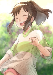 Rule 34 | 1girl, :d, absurdres, blurry, blurry background, brown hair, child, closed eyes, day, hakumai (hakumai art), highres, laughing, ogino chihiro, open mouth, outdoors, sen to chihiro no kamikakushi, shirt, sidelocks, smile, solo, standing, striped clothes, striped shirt