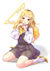 Rule 34 | 1girl, black dress, blonde hair, blush, braid, brown eyes, closed mouth, collared shirt, commentary request, dress, frilled socks, frills, hair ribbon, head tilt, high heels, highres, long hair, long sleeves, looking at viewer, original, pilokey, pleated dress, puffy long sleeves, puffy sleeves, pumps, ribbon, shirt, shoes, sitting, sleeveless, sleeveless dress, smile, socks, solo, stiletto heels, very long hair, wariza, white background, white shirt, white socks, yellow footwear, yellow ribbon