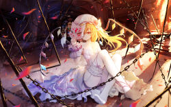 Rule 34 | 1girl, absurdres, alternate costume, asa ni haru, bare shoulders, blonde hair, breasts, chain, chinese text, closed mouth, commentary request, crossed legs, dress, flandre scarlet, fox mask, full body, garter belt, hat, highres, lace, lace-trimmed legwear, lace trim, light smile, long hair, looking at viewer, mask, mob cap, on ground, one eye covered, panties, pantyshot, petals, red eyes, side ponytail, sitting, small breasts, solo, thighhighs, touhou, underwear, wedding dress, white dress, white panties, white thighhighs, wind, wings, wrist cuffs