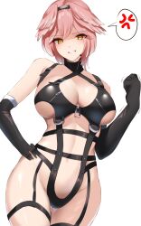 Rule 34 | 1girl, absurdres, anger vein, black gloves, breasts, brown eyes, cowboy shot, elbow gloves, garter straps, gloves, grin, hair wings, haneramu, highres, hololive, large breasts, leather bikini, leather choker, navel, pink hair, smile, solo, speech bubble, spoken anger vein, takane lui, thigh strap, virtual youtuber, white background
