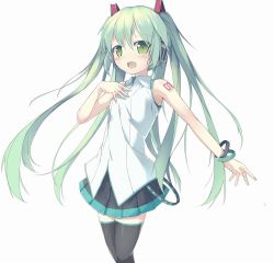 Rule 34 | 1girl, bad id, bad pixiv id, blush, bracelet, female focus, green eyes, green hair, hand on own chest, hatsune miku, jewelry, long hair, matching hair/eyes, open mouth, simple background, skirt, solo, sutorora, thighhighs, very long hair, vocaloid, white background