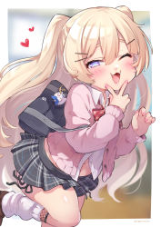Rule 34 | + +, 1girl, ;3, absurdres, alternate costume, azur lane, bache (azur lane), bag, black skirt, blonde hair, blush, bow, bowtie, brown footwear, cardigan, collared shirt, commentary request, cowboy shot, dollar sign, eyebrows hidden by hair, fangs, finger to own chin, fishnet legwear, fishnets, hair between eyes, hair ornament, hairclip, heart, highres, long hair, long sleeves, looking at viewer, loose bowtie, loose socks, meowfficer (azur lane), midriff, miniskirt, nail polish, navel, one eye closed, open cardigan, open clothes, open mouth, partially unbuttoned, pink cardigan, pink nails, plaid, plaid skirt, purple eyes, school uniform, shirt, shoes, shoulder bag, side-tie peek, sidelocks, skindentation, skirt, smile, socks, solo, standing, standing on one leg, trente, two side up, v, white legwear, white shirt