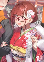 Rule 34 | 1boy, 1girl, 92m, absurdres, ahoge, alternate hairstyle, commentary request, floral print, glasses, hair ornament, highres, holding, japanese clothes, kimono, kinshi no ane (92m), open mouth, original, pink eyes, print kimono, red-framed eyewear, red hair, red kimono, short hair, smile, translation request