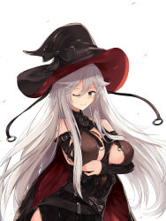 Rule 34 | 10s, 1girl, ;), bare shoulders, breasts, granblue fantasy, hat, highres, huge breasts, large breasts, long hair, looking at viewer, magisa (granblue fantasy), one eye closed, silver hair, smile, solo, white crow, witch hat