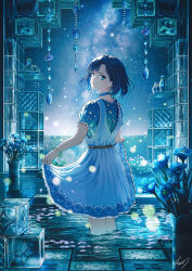 Rule 34 | 1girl, bangle, blue eyes, blue hair, blue theme, bottle, bracelet, choker, clothes lift, dress, flower, frilled choker, frills, highres, horizon, jar, jewelry, lifted by self, looking at viewer, looking back, night, night sky, ocean, original, petals, pond, short hair, signature, skirt, skirt lift, sky, solo, star (sky), sugi87, wading, water