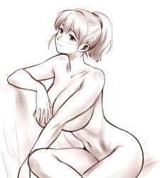 Rule 34 | 1girl, blue eyes, breasts, brown hair, convenient arm, convenient censoring, feet out of frame, graphite (medium), intrepid (kancolle), kantai collection, kogawa masayoshi, large breasts, monochrome, navel, nipples, ponytail, short hair, smile, solo, traditional media, white background