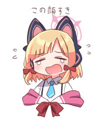 Rule 34 | 1girl, animal ear headphones, animal ears, blonde hair, blue archive, blue neckwear, blush, bow, cat ear headphones, cat ears, closed eyes, collared shirt, commentary request, cropped torso, facing viewer, fake animal ears, flying sweatdrops, hair bow, headphones, highres, momoi (blue archive), naga u, open mouth, red bow, revision, shirt, simple background, solo, tears, upper body, wavy mouth, white background, white shirt