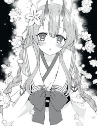 Rule 34 | 1girl, blue archive, blush, chise (blue archive), flower, hair between eyes, hair flower, hair ornament, halo, horns, japanese clothes, kimono, long hair, obi, parted lips, petals, sasamaru chimaki, sash, sleeves past fingers, sleeves past wrists, solo, wide sleeves