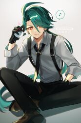 Rule 34 | 1girl, absurdres, ahoge, androgynous, aononchi, black gloves, black necktie, black pants, bright pupils, collared shirt, creatures (company), earrings, game freak, gloves, green hair, grey background, grey shirt, hand in pocket, highres, holding, holding poke ball, jewelry, long hair, musical note, necktie, nintendo, pants, poke ball, poke ball (basic), pokemon, pokemon sv, ponytail, red eyes, rika (pokemon), shirt, sitting, smile, solo, speech bubble, spoken musical note, suspenders, white pupils