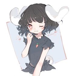 Rule 34 | 1girl, alternate color, animal ears, artist name, black hair, black shirt, black skirt, carrot necklace, commentary request, floppy ears, frilled shirt, frills, hand up, highres, inaba tewi, looking at viewer, m (m073111), necklace, one eye closed, player 2, rabbit ears, rabbit tail, red eyes, shirt, short hair, short sleeves, skirt, solo, tail, touhou, wavy hair