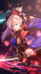 Rule 34 | 1girl, absurdres, bakanoe, blue eyes, breasts, dual wielding, fate/grand order, fate (series), highres, holding, holding sword, holding weapon, japanese clothes, katana, long hair, miyamoto musashi (fate), miyamoto musashi (third ascension) (fate), ponytail, purple hair, sheath, smile, sword, weapon