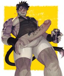 Rule 34 | 1boy, 2022, animal ears, arkapami, armpit hair, bara, bare pectorals, black gloves, black hair, black tank top, boxer briefs, can, censored, chest hair, chinese zodiac, drink can, earrings, erection, eyebrow cut, facial hair, gloves, happy new year, heart, highres, holding, holding can, jewelry, large pectorals, leg hair, looking at viewer, male focus, male pubic hair, male underwear, male underwear pull, muscular, muscular male, new year, nipple piercing, nipples, open mouth, original, partially fingerless gloves, pectorals, penis, piercing, pubic hair, pulling own clothes, red eyes, short hair, sideburns, sidepec, smile, soda can, solo, tank top, thick thighs, thighs, tiger boy, tiger ears, uncensored, underwear, white male underwear, year of the tiger