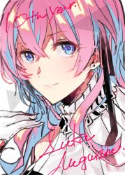 Rule 34 | 1girl, anniversary, bad id, bad pixiv id, blue eyes, blue hair, character name, close-up, curly hair, earrings, hair between eyes, hand on own chest, happy, jewelry, long hair, looking at viewer, megurine luka, miku symphony (vocaloid), mope, multicolored hair, pink hair, polka dot, polka dot background, portrait, simple background, smile, solo, streaked hair, triangle, two-tone hair, vocaloid, white background
