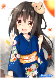 Rule 34 | 1girl, :d, autumn leaves, bear mask, black hair, blue kimono, blush, brown eyes, commentary request, floral print, hair between eyes, hand up, hatsushimo (kancolle), japanese clothes, kantai collection, kimono, long hair, long sleeves, low-tied long hair, mask, mask on head, obi, open mouth, out of frame, print kimono, sash, sidelocks, smile, solo focus, sou (soutennkouchi), twitter username, very long hair, wide sleeves