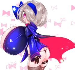 Rule 34 | 1girl, areola slip, ass, bikini, bikini bottom only, breasts, cape, gigantic breasts, gloves, grey hair, looking at viewer, micro bikini, mitsukami, open mouth, oppai loli, pink eyes, puffy areolae, swimsuit, thighhighs