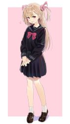 Rule 34 | 1girl, black sailor collar, black serafuku, black shirt, black skirt, blush, bow, bowtie, brown footwear, full body, hair ornament, heart, highres, kerorira, light brown hair, loafers, long hair, looking at viewer, natori sana, own hands together, pleated skirt, rabbit hair ornament, red bow, red eyes, sailor collar, sana channel, school uniform, serafuku, shirt, shoes, skirt, smile, socks, solo, two-tone background, two side up, virtual youtuber