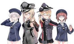 Rule 34 | 10s, 4girls, adjusting eyewear, anchor hair ornament, aqua eyes, bad id, bad nicoseiga id, bare shoulders, beret, bespectacled, bismarck (kancolle), blonde hair, blue-framed eyewear, blue eyes, blush, bottomless, breasts, brown eyes, brown gloves, brown hair, buttons, clothes writing, cowboy shot, detached sleeves, flying sweatdrops, fujibejifu, glasses, gloves, hair ornament, hand to own mouth, hat, kantai collection, long hair, long sleeves, looking at viewer, low twintails, microskirt, military, military hat, military uniform, multiple girls, neckerchief, open mouth, peaked cap, prinz eugen (kancolle), red-framed eyewear, sailor collar, sailor hat, short hair, sideboob, sidelocks, silver hair, simple background, skirt, tongue, twintails, uniform, white background, z1 leberecht maass (kancolle), z3 max schultz (kancolle)