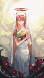 Rule 34 | 1girl, alternate hair length, alternate hairstyle, bouquet, chainsaw man, dress, flower, galzy007, habit, halo, highres, holding, holding bouquet, looking at viewer, makima (chainsaw man), nun, plant, red flower, red hair, red halo, red rose, ringed eyes, rose, short hair, solo, thorns, vines, wedding dress, white dress, yellow eyes