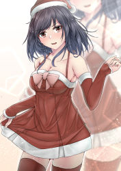 Rule 34 | 1girl, aga marino, alternate costume, bare shoulders, black hair, breasts, bridal gauntlets, cleavage, cowboy shot, dress, fur-trimmed dress, fur trim, hat, kantai collection, looking at viewer, medium breasts, red dress, red eyes, red thighhighs, santa hat, short hair, solo, standing, thighhighs, yamashiro (kancolle), zoom layer