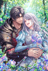 Rule 34 | 1boy, 1girl, black hair, clive rosfield, closed eyes, commission, couple, facial hair, final fantasy, final fantasy xvi, floating hair, flower, hand on another&#039;s hip, highres, holding, holding flower, hug, hug from behind, jill warrick, long hair, looking at another, petals, scar, scar on face, short hair, smile, zenyu