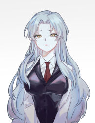 Rule 34 | 1girl, angela (project moon), black vest, blue hair, breasts, buttons, coat, collared shirt, highres, lab coat, large breasts, lobotomy corporation, long hair, long sleeves, looking up, moth ram, necktie, parted lips, project moon, red necktie, shirt, simple background, solo, upper body, very long hair, vest, white background, white coat, white shirt, yellow eyes