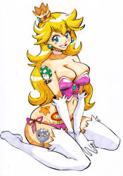 Rule 34 | 1girl, bare shoulders, blonde hair, blue eyes, blush, breasts, bustier, choker, cleavage, crown, earrings, elbow gloves, gloves, groin, jewelry, large breasts, long hair, making-of available, mario (series), mushroom tattoo, navel, nintendo, panties, pink panties, princess peach, rafchu, side-tie panties, sitting, solo, star tattoo, tattoo, thighhighs, underwear, v arms, wariza, white background, white thighhighs