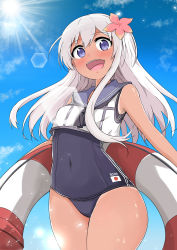 Rule 34 | 1girl, blonde hair, blue eyes, blue one-piece swimsuit, blue sailor collar, blue sky, cloud, crop top, day, flower, hair flower, hair ornament, highres, kantai collection, lens flare, lifebuoy, looking at viewer, min (minsik), one-piece swimsuit, one-piece tan, open mouth, outdoors, ro-500 (kancolle), sailor collar, school swimsuit, sky, smile, solo, sun, swim ring, swimsuit, swimsuit under clothes, tan, tanline