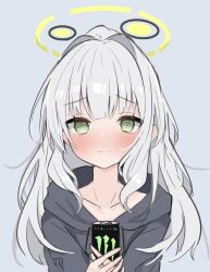 Rule 34 | 1girl, @ @, black hoodie, blue archive, blush, can, closed mouth, collarbone, green eyes, grey background, grey hair, halo, hare (blue archive), highres, holding, holding can, hood, hood down, hoodie, long hair, long sleeves, looking at viewer, monster energy, nono54558, ponytail, simple background, solo, upper body