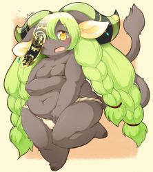 Rule 34 | 1girl, artist request, brown eyes, bull, covering privates, covering breasts, fullbokko heroes, furry, furry female, green hair, highres, long hair, nude, open mouth, solo, twintails
