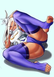 Rule 34 | 1girl, \n/, absurdres, animal ears, arm up, ass, boku no hero academia, breasts, clothing cutout, crescent print, dark-skinned female, dark skin, end play, feet, full body, fur collar, gloves, hair between eyes, hand on own cheek, hand on own face, head rest, highleg, highleg leotard, highres, large breasts, legs, leotard, long eyelashes, long hair, looking at viewer, lying, mirko, no shoes, on side, purple thighhighs, rabbit ears, rabbit girl, rabbit tail, red eyes, sleeveless turtleneck leotard, smile, soles, solo, spread legs, stirrup legwear, tail, tail through clothes, teeth, thick thighs, thighhighs, thighs, toeless legwear, toenails, toes, toned, tongue, tongue out, upper teeth only, white gloves, white hair, white leotard