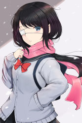 Rule 34 | 1girl, absurdres, bag, black hair, black sailor collar, black skirt, blue eyes, blush, bow, bowtie, cardigan, closed mouth, commentary request, eyepatch, grey cardigan, hand in pocket, hand up, highres, long hair, long sleeves, looking at viewer, medical eyepatch, original, pink scarf, pleated skirt, red bow, red bowtie, sailor collar, scarf, school bag, school uniform, serafuku, skirt, sleeves past wrists, snowing, solo, temari rin